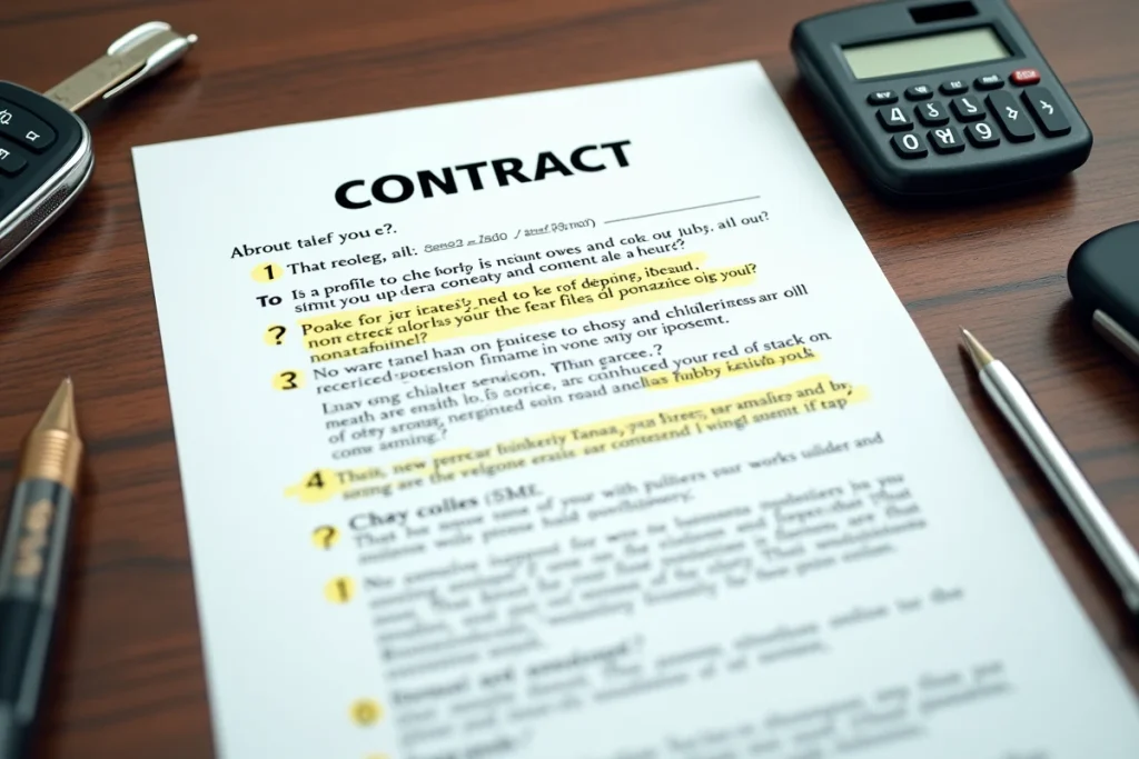Gros plan sur un contrat de financement automobile avec clauses surlignées et annotations révélant des conditions cachées