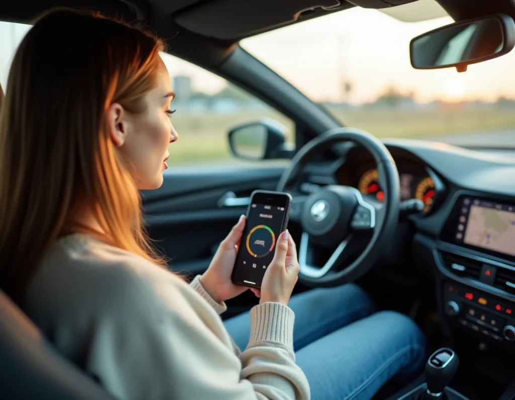 Femme dans une voiture consultant une application de conversion de vitesse miles en km/h sur smartphone