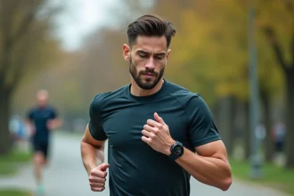 Coureur urbain consultant sa montre GPS affichant sa vitesse en km/h pendant un jogging en ville