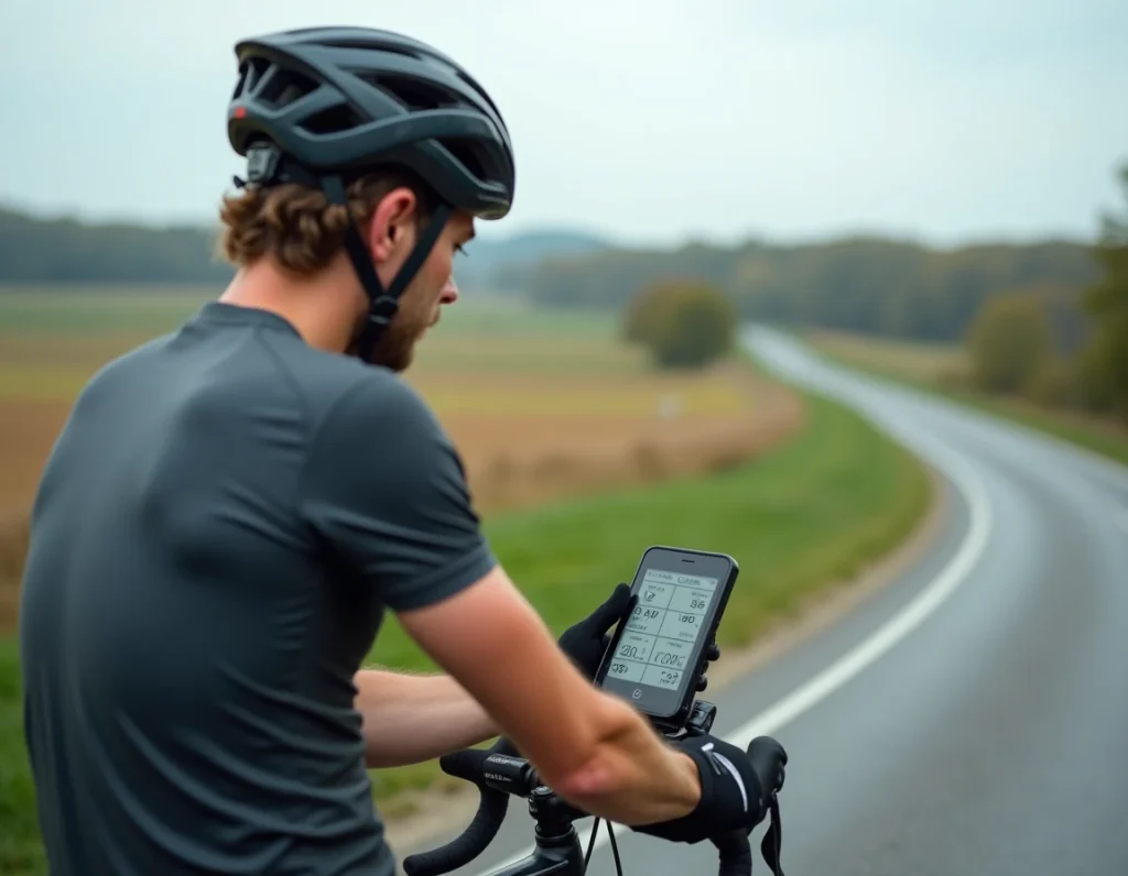 Cycliste sur route de campagne vérifiant un compteur GPS vélo affichant la conversion de vitesse en miles et km/h