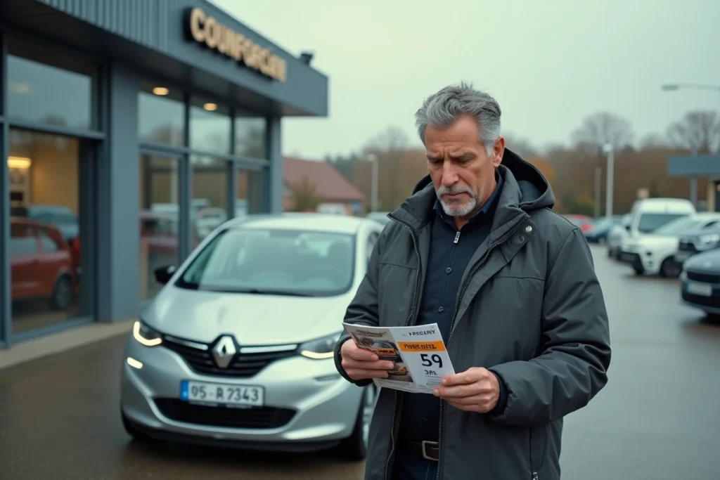 Homme devant une voiture chez un concessionnaire examinant une offre de leasing à 59 euros par mois sans apport
