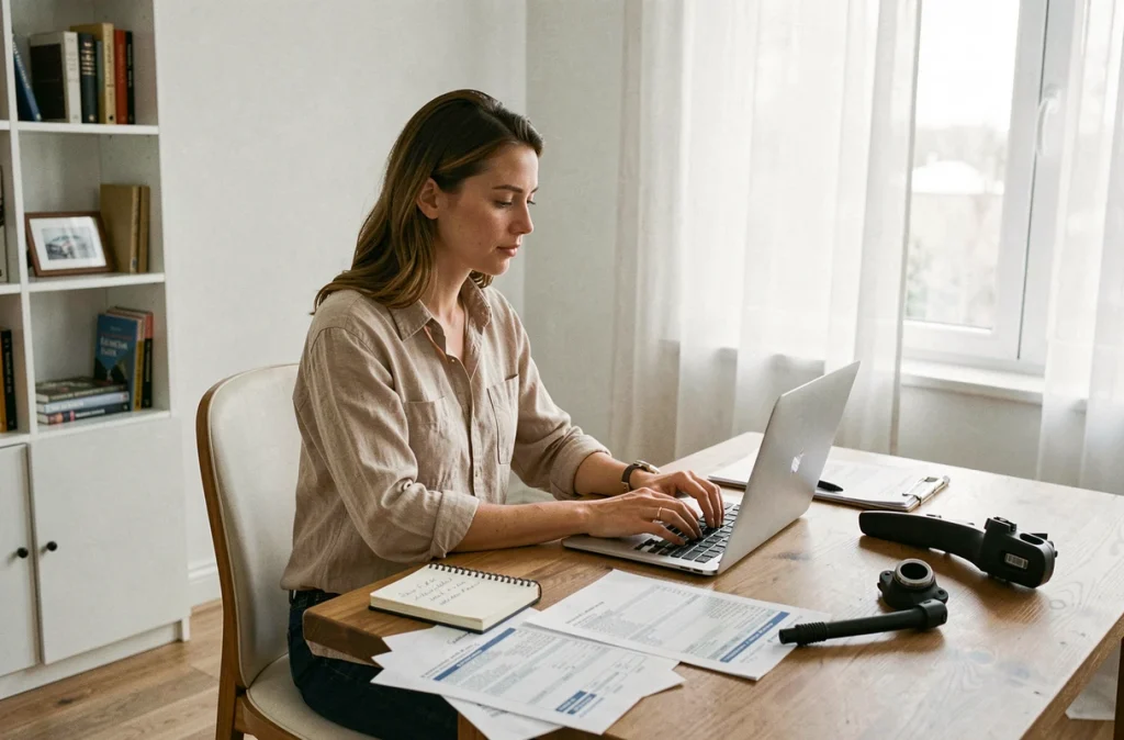 Femme comparant des pièces automobiles sur un site de casse en ligne depuis son bureau à domicile