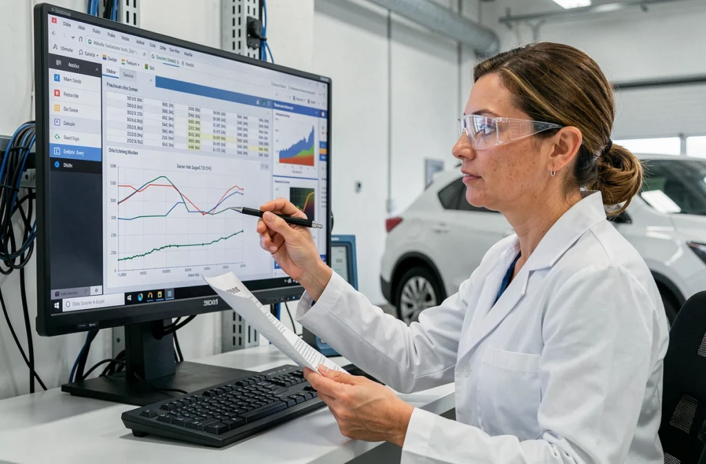 Ingénieure automobile analysant les codes défauts d'un Digital Motor Electronics sur un poste de diagnostic informatique en laboratoire