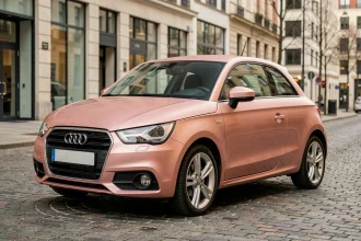 Audi A1 avec covering rose gold brillant garée dans une rue urbaine en pavés, vue trois-quarts avant