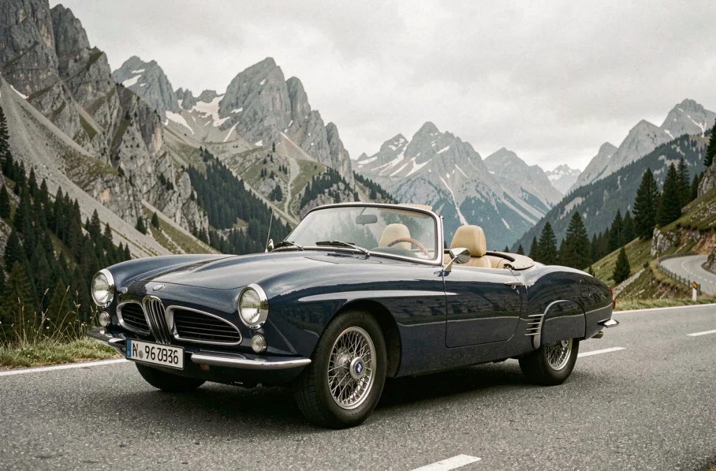BMW 507 bleu marine sur une route de col alpin sinueuse, vue grand angle rasante soulignant le long capot et la silhouette roadster iconique des années 50