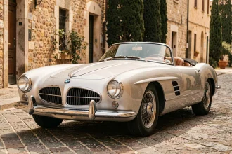 BMW 507 roadster argent des années 50 garé sur des pavés européens, carrosserie en aluminium sculpté et grille réniforme emblématique