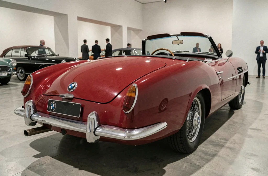 BMW 507 rouge restaurée exposée dans un musée automobile vintage, vue arrière trois-quarts mettant en valeur ses courbes et ses feux ronds chromés