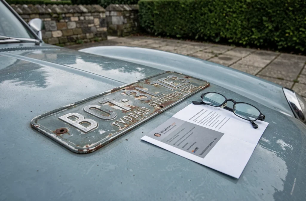 Gros plan sur une carte grise et une plaque d'immatriculation de véhicule ancien posées sur le capot d'une voiture de collection, illustrant les économies possibles sur la taxe régionale