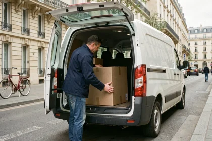 Homme chargeant un grand carton dans un utilitaire de location blanc garé en ville