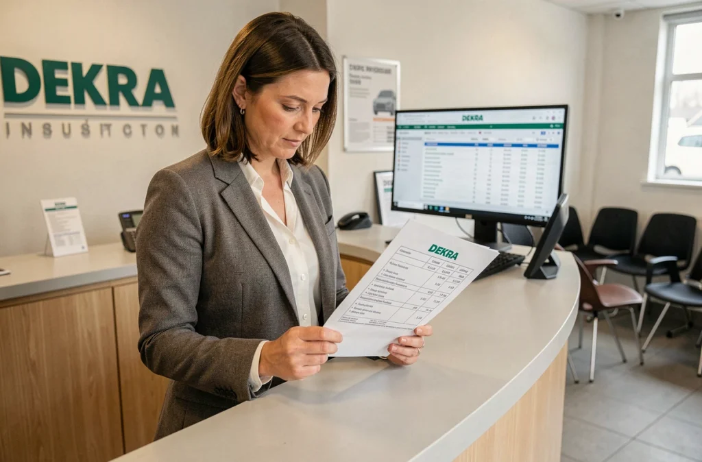 Cliente consultant le rapport détaillé de son contrôle technique DEKRA à l'accueil du centre