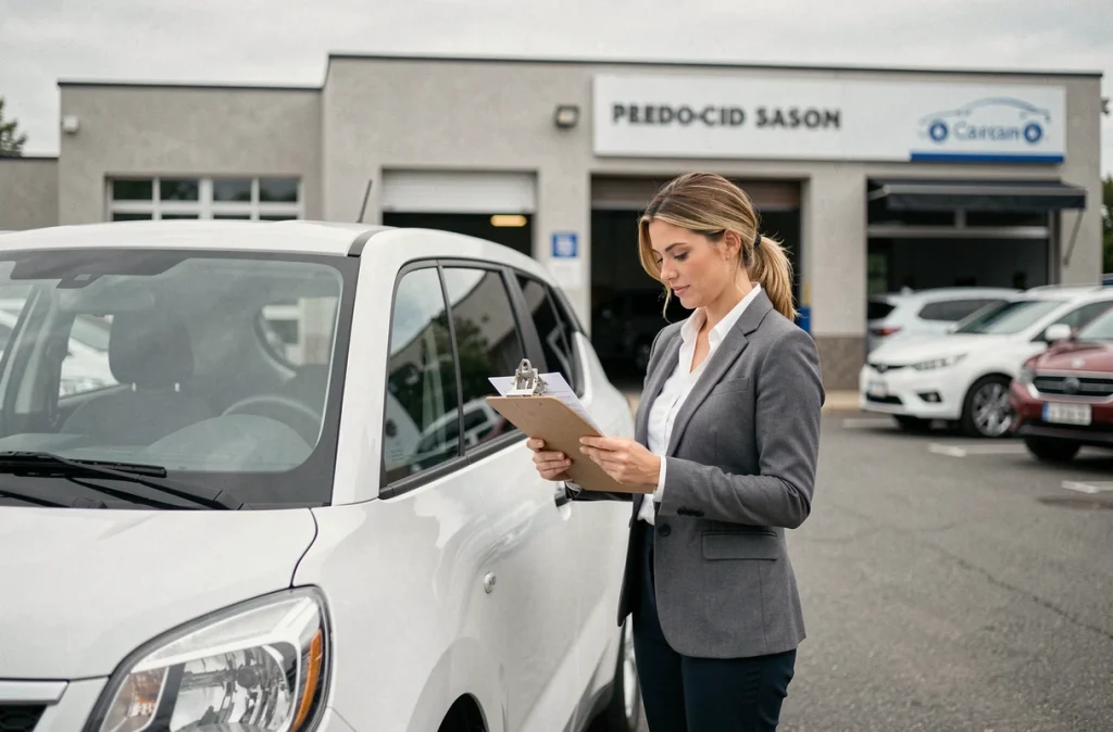 Cliente examinant le rapport d'état de son véhicule dans un centre automobile de confiance