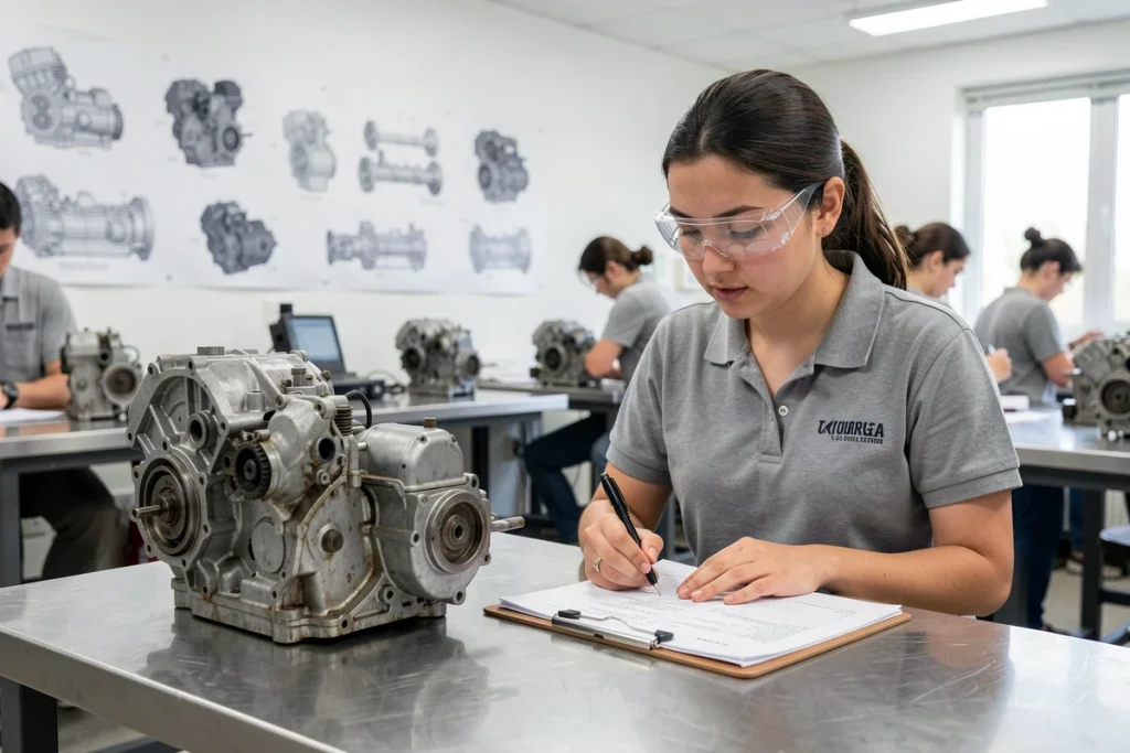 Étudiante en mécanique comparant un moteur 2 temps et un moteur 4 temps sur une table de laboratoire