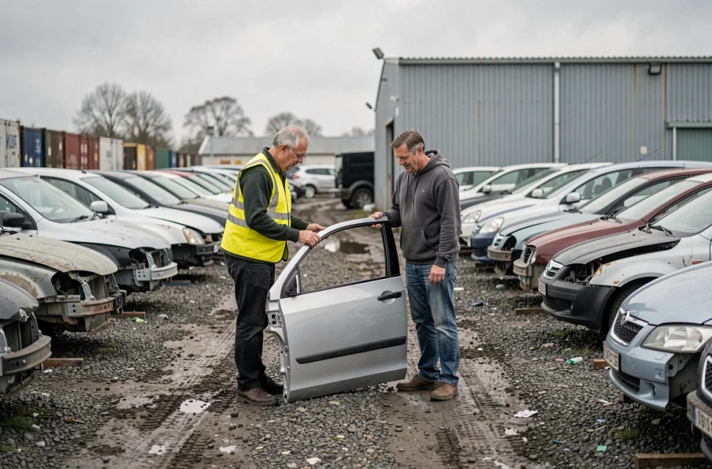 Deux hommes examinant une pièce de carrosserie dans un grand parc de véhicules hors d'usage en région lilloise