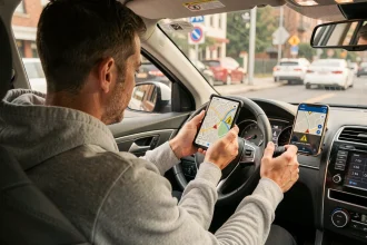 Conducteur consultant Google Maps sur smartphone monté dans sa voiture pour visualiser les radars sur le trajet
