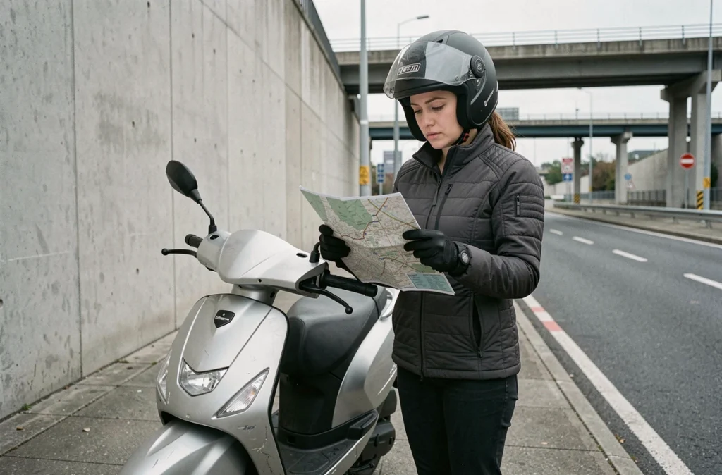 Conductrice de scooter hésitant devant l'accès à une autoroute, consultant une carte routière