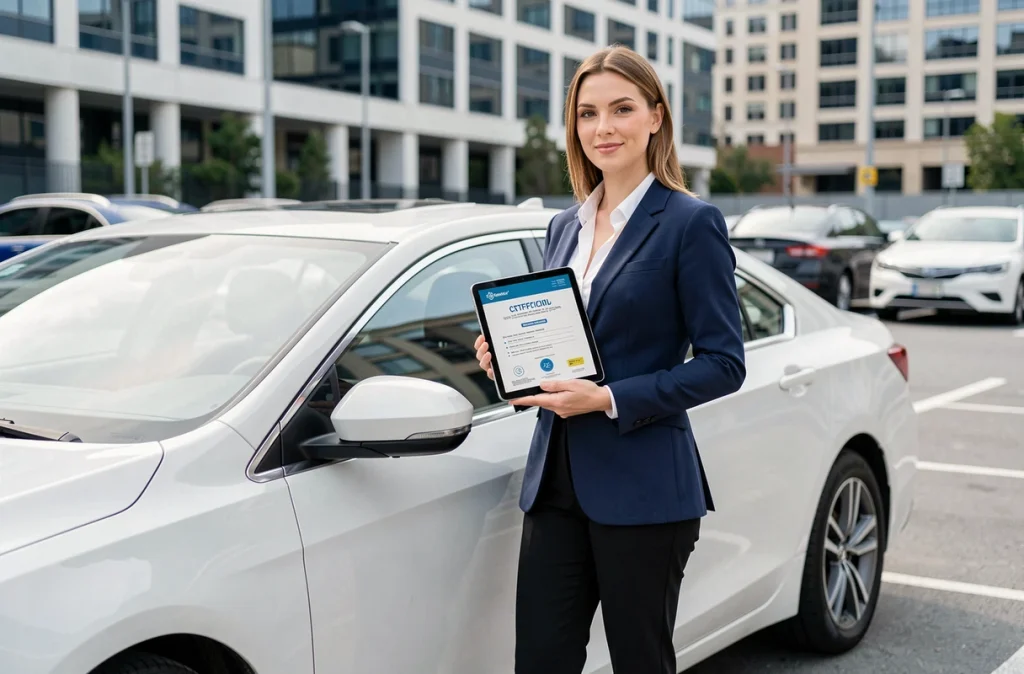 Une conductrice VTC professionnelle se tient près de sa voiture en ville avec sa certification de chauffeur sur tablette