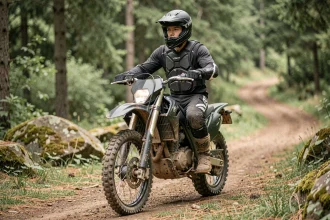 Débutant en trail moto sur un chemin forestier en tenue de protection complète, apprentissage du tout-terrain en sécurité