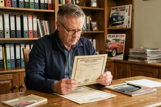 Homme d'âge mûr examinant un certificat d'immatriculation de voiture ancienne à son bureau, illustrant les démarches administratives pour une carte grise demi-tarif