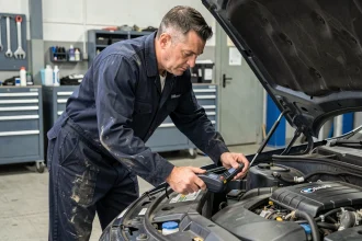 Technicien automobile connectant un scanner OBD pour diagnostiquer un Digital Motor Electronics défaillant sur un véhicule BMW en atelier