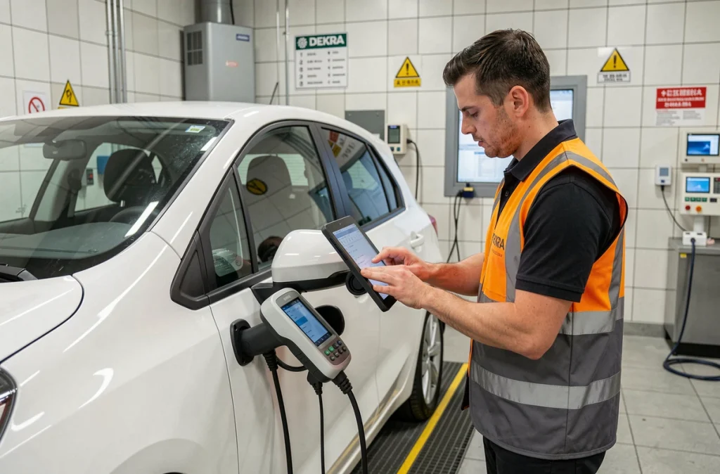 Technicien DEKRA connectant un outil de diagnostic électronique lors d'un contrôle technique complet