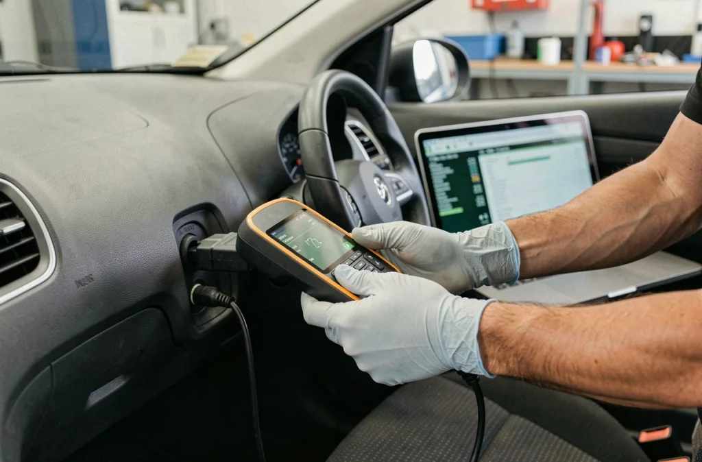 Mécanicien utilisant un scanner OBD pour le diagnostic électronique d'un véhicule en atelier