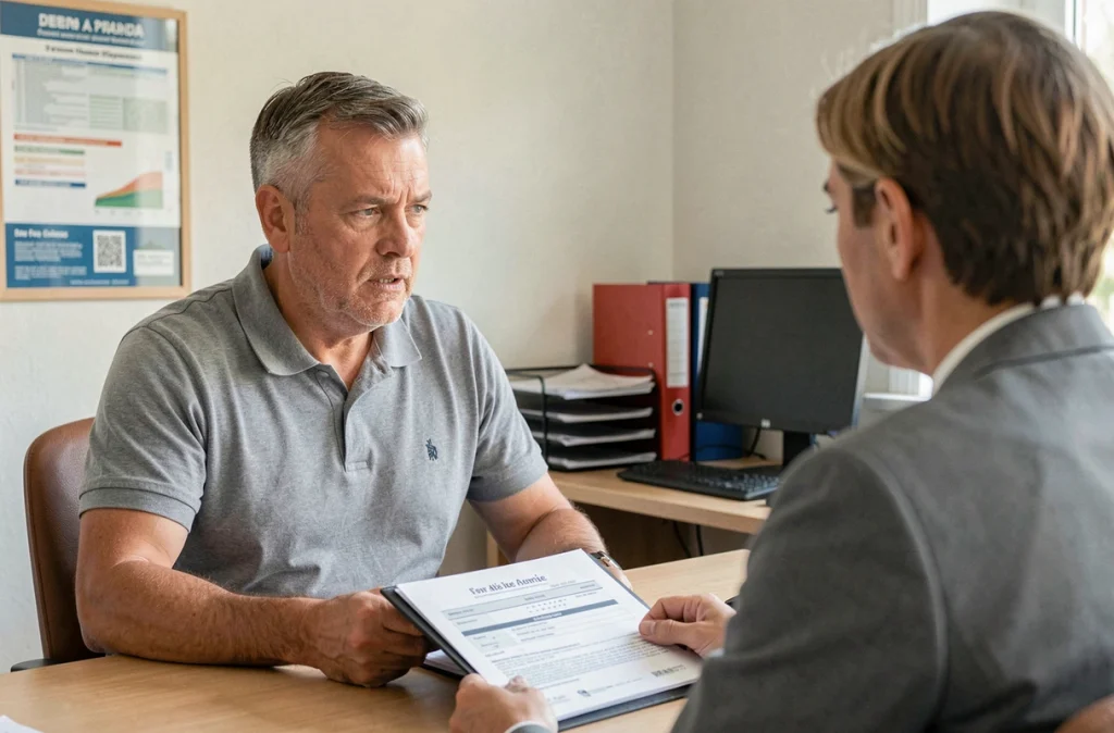 Un candidat en démarche d'équivalence VTC discute avec un conseiller administratif pour valider ses droits à la carte professionnelle