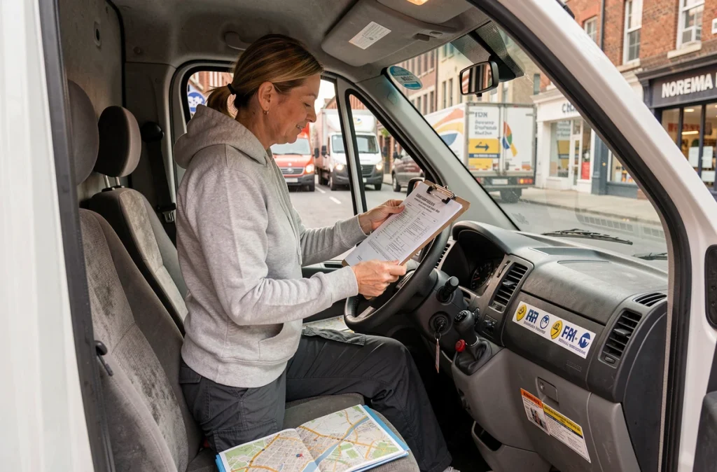 Femme consultant une liste de contrôle dans la cabine d'un utilitaire de location en milieu urbain