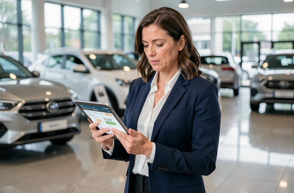 Femme consultant un avis de fiabilité sur une tablette dans une concession automobile