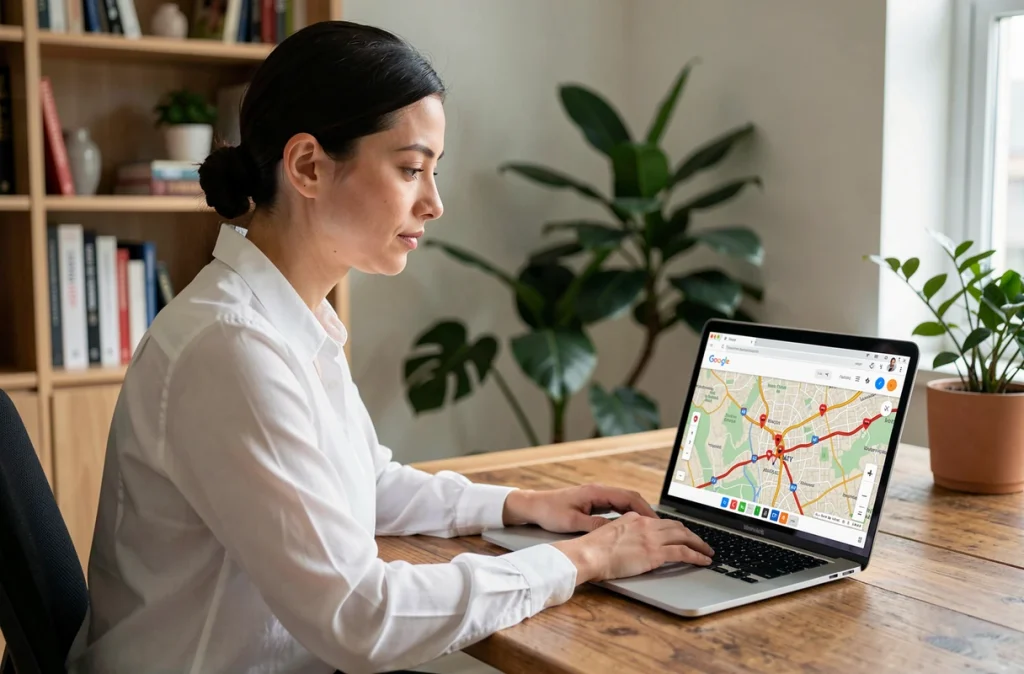 Femme configurant l'affichage des radars sur Google Maps depuis un ordinateur portable à son bureau