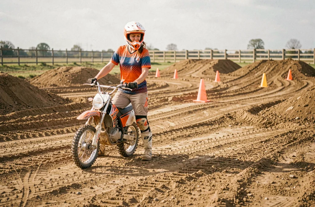 Femme débutante en moto tout-terrain debout sur un circuit d'entraînement avec équipement de protection complet