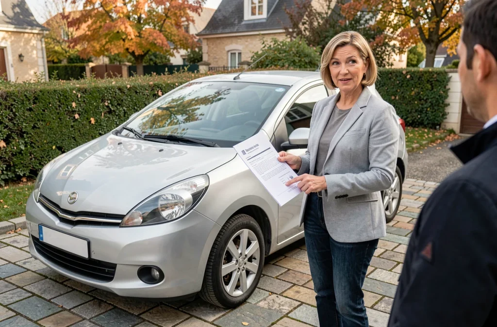 Une femme debout près d'une voiture dans une allée résidentielle examine un document de cession de véhicule imprimé