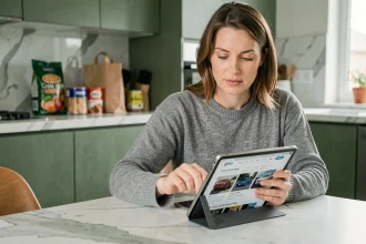 Femme consultant un média automobile et grande consommation sur tablette dans une cuisine moderne avec courses en arrière-plan