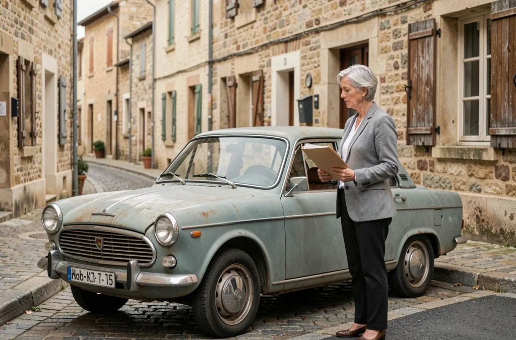 Femme tenant des documents administratifs à côté d'une voiture ancienne française dans une rue de village, symbolisant la demande de carte grise à moitié prix pour véhicule de collection