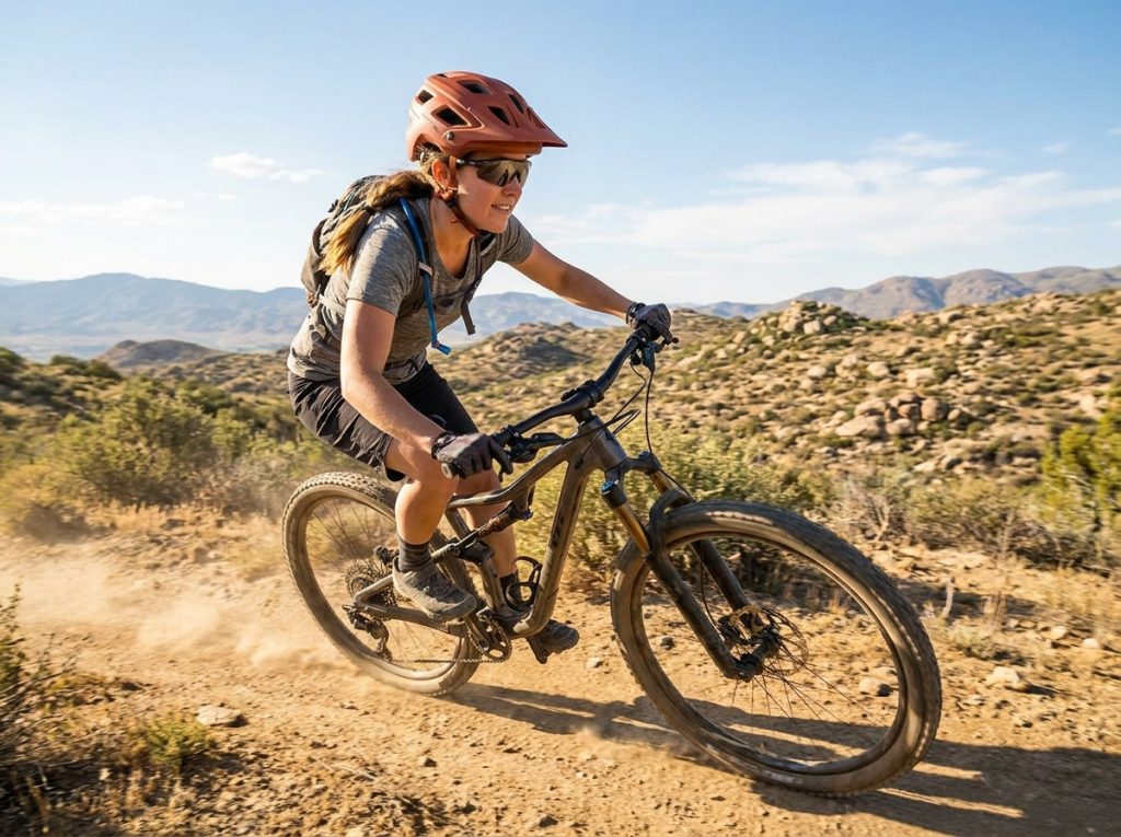 Femme en VTT portant un casque trail avec visière en pleine action sur un sentier rocailleux et poussiéreux