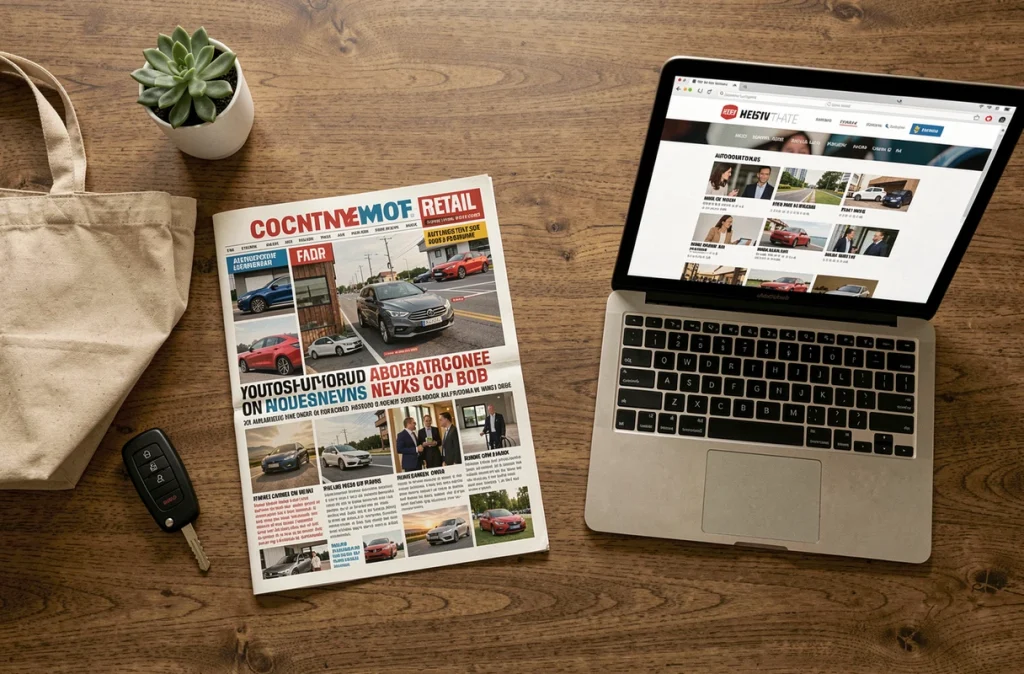 Vue de dessus d'un bureau avec magazine auto et grande consommation, clé de voiture et sac de courses illustrant un média spécialisé