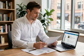 Un homme en formation VTC assis à son bureau étudie des documents et un cours en ligne pour obtenir sa carte professionnelle de chauffeur