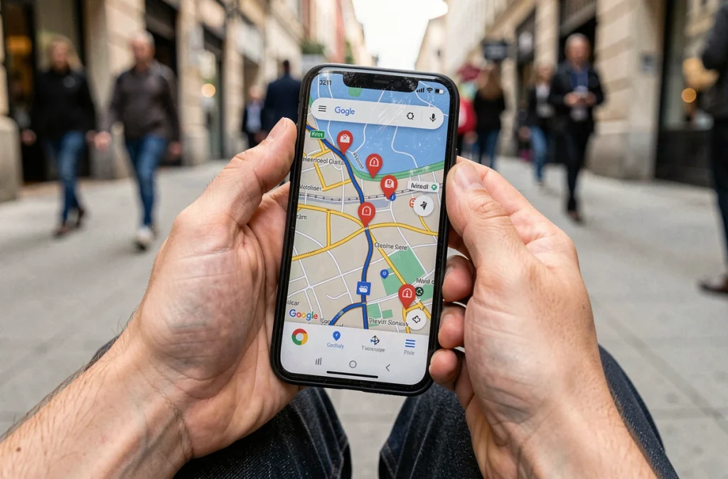 Gros plan sur un smartphone affichant les alertes radars sur Google Maps tenu à la main en extérieur