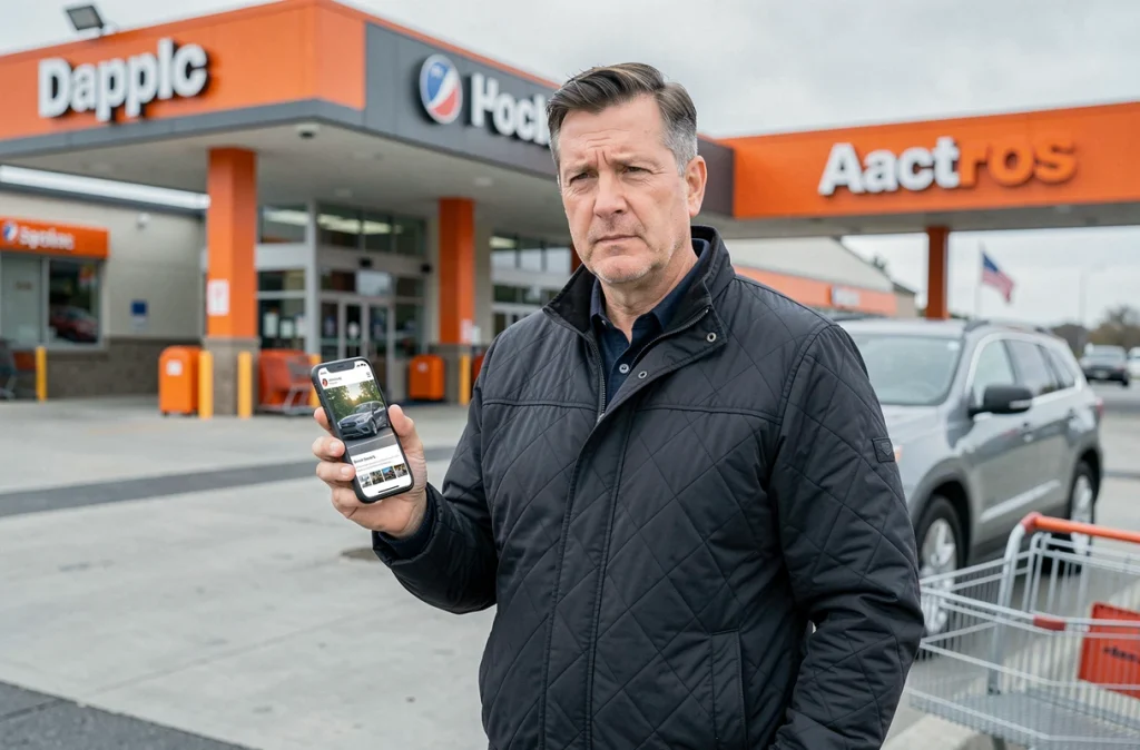 Homme consultant un site média auto et consommation sur smartphone dans un espace de retrait drive de grande surface