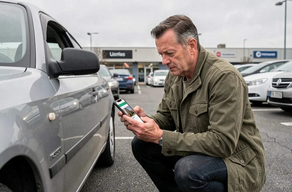 Homme vérifiant la fiabilité d'une marque automobile sur smartphone dans un parking