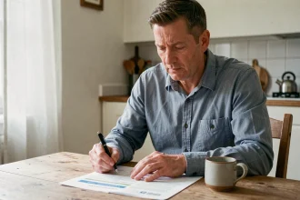 Un homme d'âge mûr vérifie attentivement un certificat de cession de voiture imprimé à sa table de cuisine