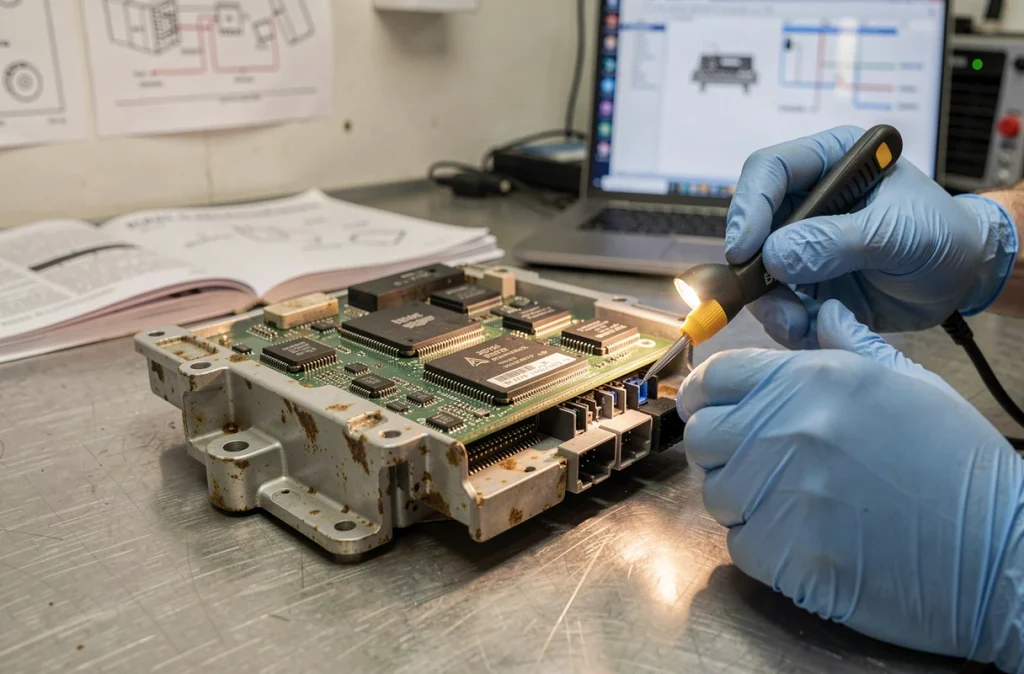 Gros plan d'un module Digital Motor Electronics déposé sur un établi, inspecté avec un multimètre pour identifier une panne électronique