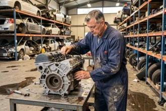 Mécanicien inspectant un moteur dans une casse automobile à Lille, entouré de pièces détachées et de véhicules hors d'usage