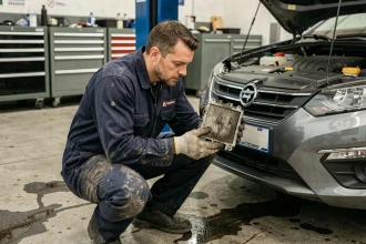 Mécanicien tenant un filtre à particules FAP encrassé dans un atelier automobile, illustrant les risques de suppression sans reprogrammation