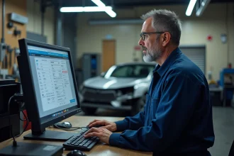 Mécanicien indépendant consultant le logiciel Atelio Doc sur un ordinateur dans son garage