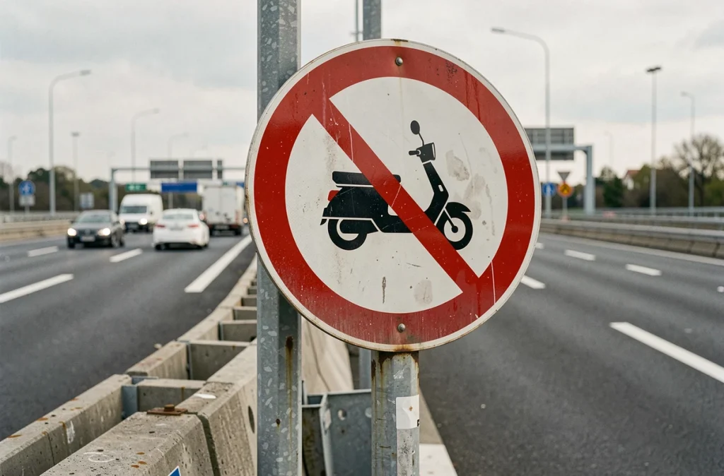 Panneau d'interdiction pour les scooters à l'entrée d'une voie rapide urbaine française