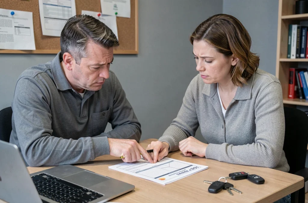 Deux particuliers examinent ensemble un formulaire de cession de voiture PDF sur un bureau, une erreur vient d'être remarquée