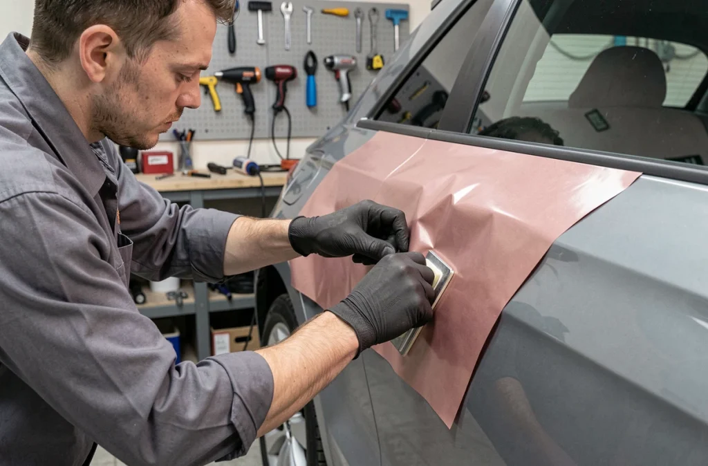 Technicien en train d'appliquer un film vinyl rose gold sur la portière d'une Audi A1 grise dans un atelier professionnel