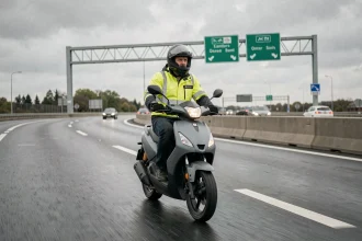 Scooter 125cc roulant sur une voie rapide urbaine en France avec panneau de signalisation autoroutière