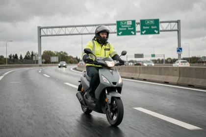 Scooter 125cc roulant sur une voie rapide urbaine en France avec panneau de signalisation autoroutière