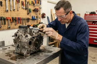 Mécanicien serrant les vis de culasse d'un moteur 2 temps avec une clé dynamométrique dans un atelier